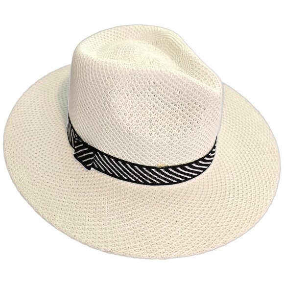 Men's White Panama Hat Woven Black & White Strip Vacation Summer Picnic Sun Hat - Picture 3 of 6
